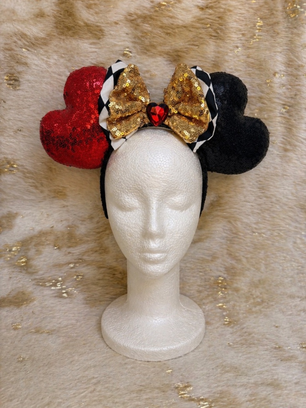 Unique Handmade Minnie Mouse Ears Queen of Hearts Insp Alice in Wonderland Sequi